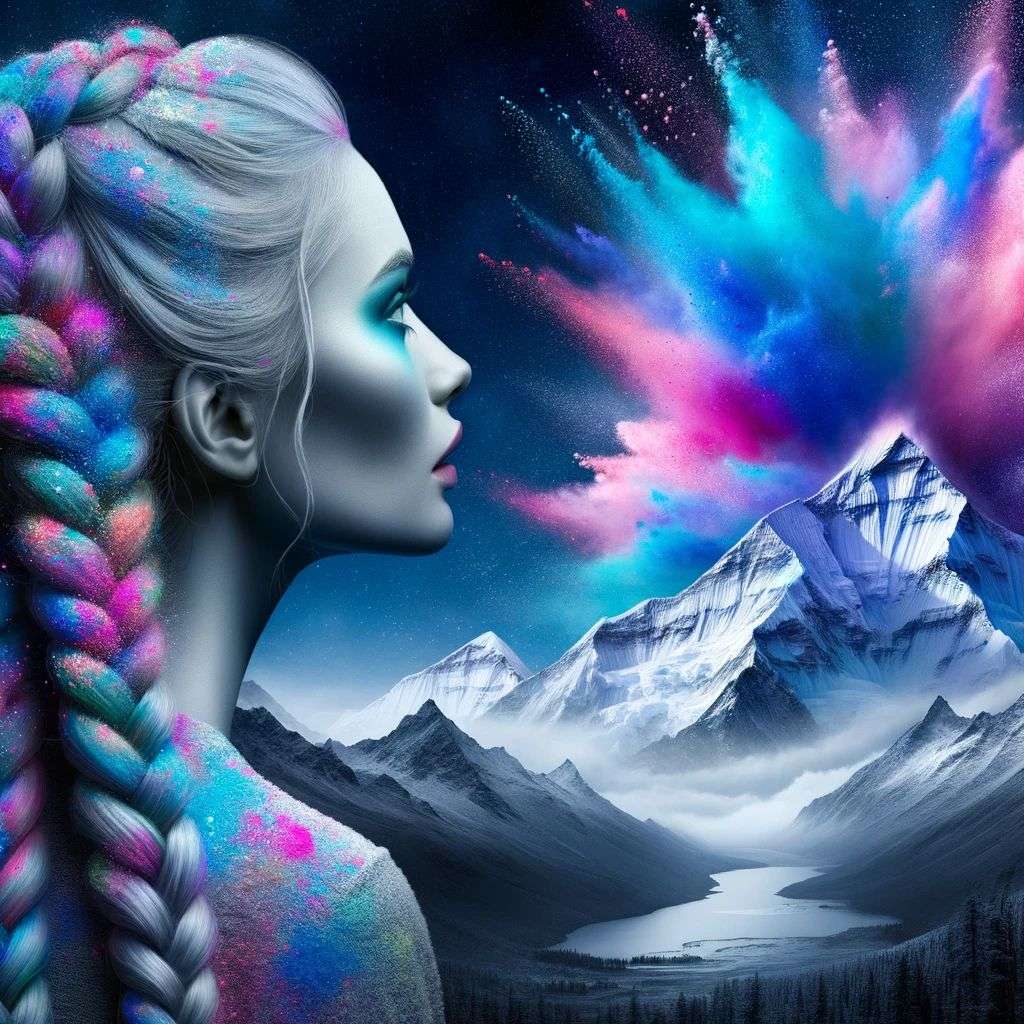 someone gazing at Mount Everest, made from a burst of colored powder, digital art